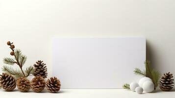 Christmas card mockup with gift box, fir branches, and cozy background. Minimalist style in white and beige. Generative AI photo