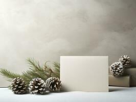 Christmas card mockup with gift box, fir branches, and cozy background. Minimalist style in white and beige. Generative AI photo