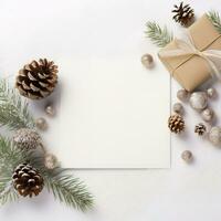 Navidad tarjeta Bosquejo con regalo caja, abeto sucursales, y acogedor antecedentes. minimalista estilo en blanco y beige. generativo ai foto