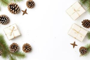 Christmas card mockup with gift box, fir branches, and cozy background. Minimalist style in white and beige. Generative AI photo