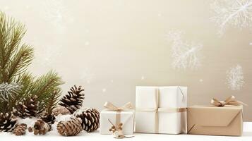 Christmas card mockup with gift box, fir branches, and cozy background. Minimalist style in white and beige. Generative AI photo