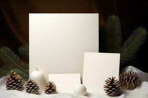 Navidad tarjeta Bosquejo con regalo caja, abeto sucursales, y acogedor antecedentes. minimalista estilo en blanco y beige. generativo ai foto