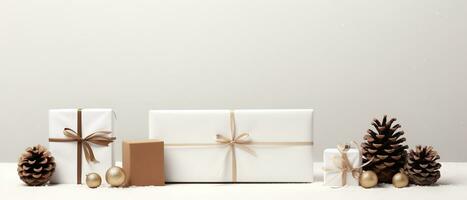 Navidad tarjeta Bosquejo con regalo caja, abeto sucursales, y acogedor antecedentes. minimalista estilo en blanco y beige. generativo ai foto