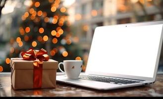 Laptop on desk with blank screen, Christmas tree and gifts in background, clipping path included. Festive home office. Generative AI photo