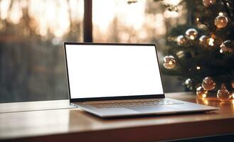 Laptop on desk with blank screen, Christmas tree and gifts in background, clipping path included. Festive home office. Generative AI photo