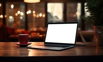 Laptop on desk with blank screen, Christmas tree and gifts in background, clipping path included. Festive home office. Generative AI photo