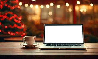 Laptop on desk with blank screen, Christmas tree and gifts in background, clipping path included. Festive home office. Generative AI photo