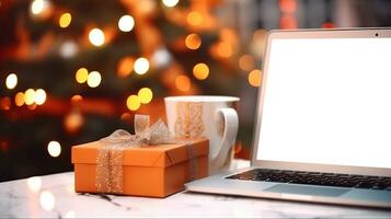 Laptop on desk with blank screen, Christmas tree and gifts in background, clipping path included. Festive home office. Generative AI photo