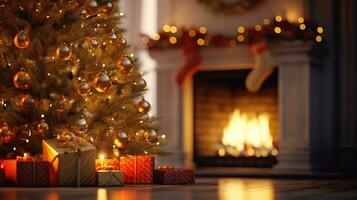 Christmas scene by the fireplace with bokeh lighting, blurred holiday backdrop. Festive home ambiance. Generative AI photo