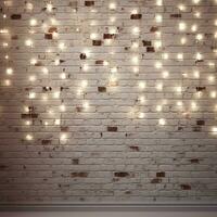 Minimalist white brick wall adorned with shimmering Christmas lights, perfect for background. Generative AI photo