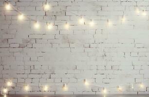 Minimalist white brick wall adorned with shimmering Christmas lights, perfect for background. Generative AI photo