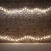 Minimalist white brick wall adorned with shimmering Christmas lights, perfect for background. Generative AI photo