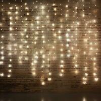 Minimalist white brick wall adorned with shimmering Christmas lights, perfect for background. Generative AI photo