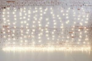 Minimalist white brick wall adorned with shimmering Christmas lights, perfect for background. Generative AI photo