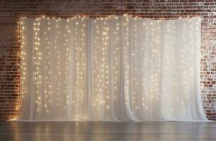 Minimalist white brick wall adorned with shimmering Christmas lights, perfect for background. Generative AI photo