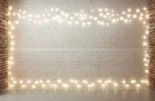 Minimalist white brick wall adorned with shimmering Christmas lights, perfect for background. Generative AI photo