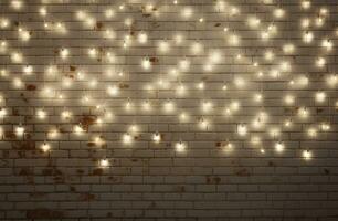 Minimalist white brick wall adorned with shimmering Christmas lights, perfect for background. Generative AI photo