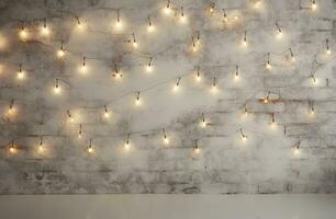 Minimalist white brick wall adorned with shimmering Christmas lights, perfect for background. Generative AI photo