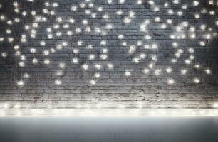 Minimalist white brick wall adorned with shimmering Christmas lights, perfect for background. Generative AI photo