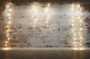 Minimalist white brick wall adorned with shimmering Christmas lights, perfect for background. Generative AI photo