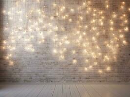 Minimalist white brick wall adorned with shimmering Christmas lights, perfect for background. Generative AI photo