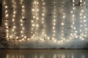 Minimalist white brick wall adorned with shimmering Christmas lights, perfect for background. Generative AI photo