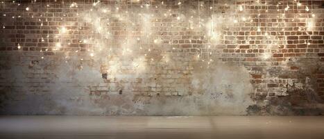 Minimalist white brick wall adorned with shimmering Christmas lights, perfect for background. Generative AI photo