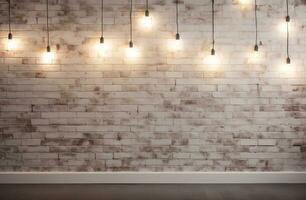 Minimalist white brick wall adorned with shimmering Christmas lights, perfect for background. Generative AI photo