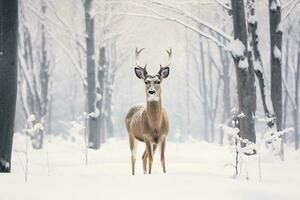 A deer stands in front of a snow covered field in a winter forest. Generative AI photo