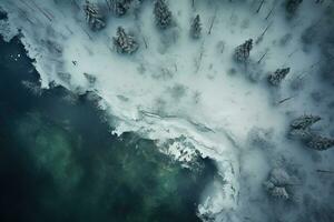 Aerial view of a highway winding through a forest in both summer and winter seasons. Generative AI photo
