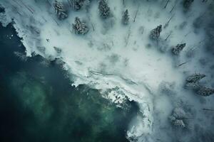 aéreo ver de un autopista devanado mediante un bosque en ambos verano y invierno estaciones. generativo ai foto