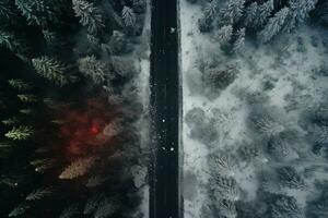 Aerial view of a highway winding through a forest in both summer and winter seasons. Generative AI photo