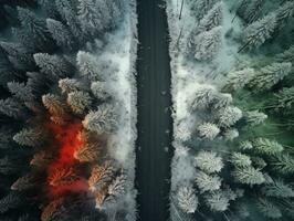 aéreo ver de un autopista devanado mediante un bosque en ambos verano y invierno estaciones. generativo ai foto