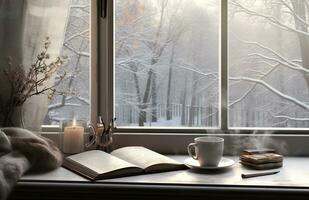 acogedor invierno escena. café, abierto libro, y tartán en Clásico antepecho en cabaña, Nevado paisaje con ventisquero afuera. generativo ai foto