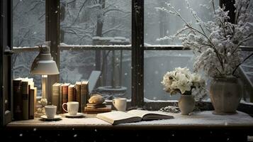 Cozy winter scene. Coffee, open book, and plaid on vintage windowsill in cottage, snowy landscape with snowdrift outside. Generative AI photo
