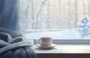 Cozy winter scene. Coffee, open book, and plaid on vintage windowsill in cottage, snowy landscape with snowdrift outside. Generative AI photo