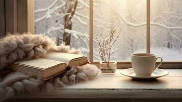 Cozy winter scene. Coffee, open book, and plaid on vintage windowsill in cottage, snowy landscape with snowdrift outside. Generative AI photo