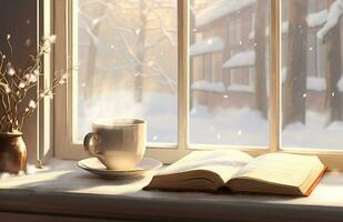 Cozy winter scene. Coffee, open book, and plaid on vintage windowsill in cottage, snowy landscape with snowdrift outside. Generative AI photo