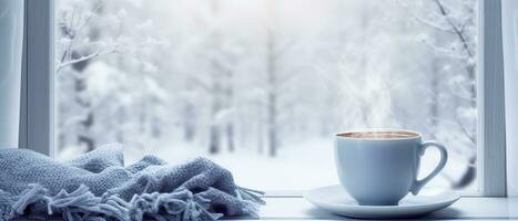 Cozy winter scene. Coffee, open book, and plaid on vintage windowsill in cottage, snowy landscape with snowdrift outside. Generative AI photo