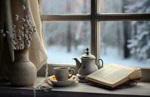 Cozy winter scene. Coffee, open book, and plaid on vintage windowsill in cottage, snowy landscape with snowdrift outside. Generative AI photo