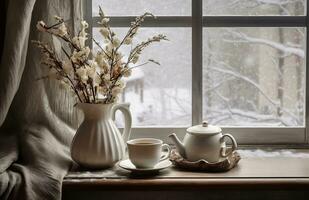 Cozy winter scene. Coffee, open book, and plaid on vintage windowsill in cottage, snowy landscape with snowdrift outside. Generative AI photo