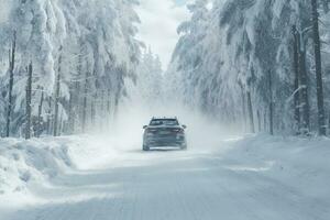 coche conducción en nieve cubierto bosque la carretera en invierno. generativo ai foto