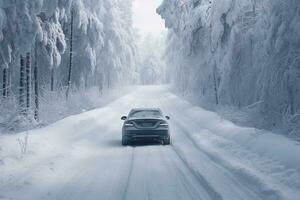 coche conducción en nieve cubierto bosque la carretera en invierno. generativo ai foto