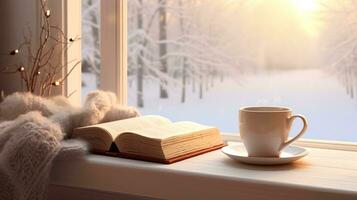 Cozy winter scene. Coffee, open book, and plaid on vintage windowsill in cottage, snowy landscape with snowdrift outside. Generative AI photo