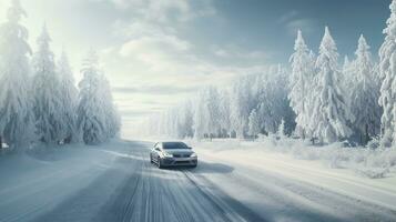 Car driving on snow covered forest road in winter. Generative AI photo