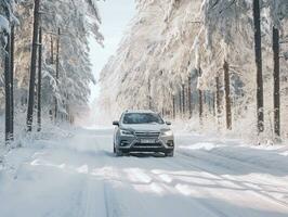 coche conducción en nieve cubierto bosque la carretera en invierno. generativo ai foto