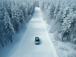 coche conducción en nieve cubierto bosque la carretera en invierno. generativo ai foto