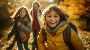 Young and joyful friends, filled with happiness, are seen taking a leisurely and delightful autumn walk together, surrounded by the vibrant and colorful foliage of the season. Generative AI photo