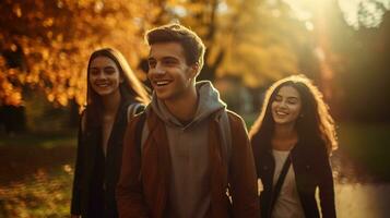 Young and joyful friends, filled with happiness, are seen taking a leisurely and delightful autumn walk together, surrounded by the vibrant and colorful foliage of the season. Generative AI photo