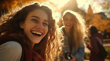 joven y alegre amigos, lleno con felicidad, son visto tomando un sin prisa y encantador otoño caminar juntos, rodeado por el vibrante y vistoso follaje de el estación. generativo ai foto